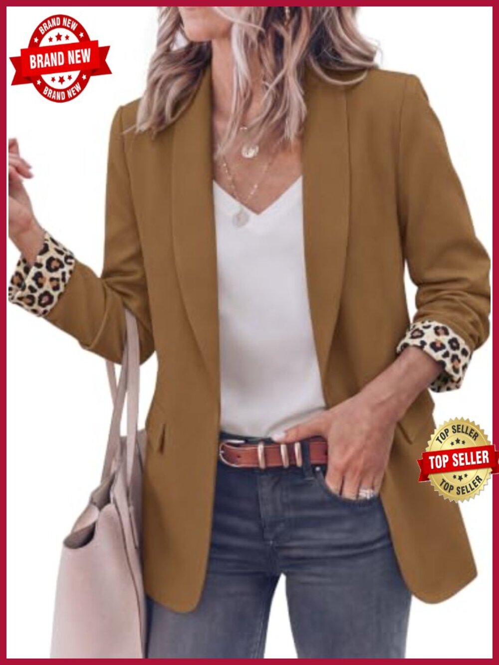 Open Front Blazer Shawl Collar Leopard Lined Business Casual Women's Suit Jacket - Picture 5 of 6